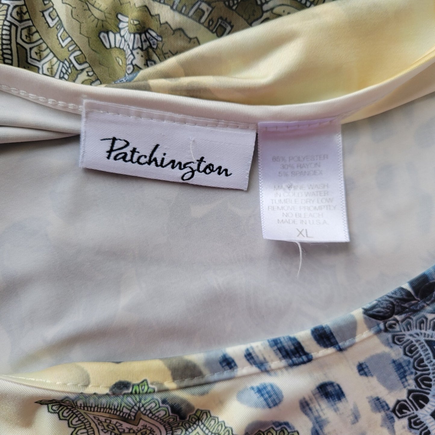 Patchington Womens Top XL 3/4 Sleeve Blue Paisley Laser Cut Hanky Hem Chiffon