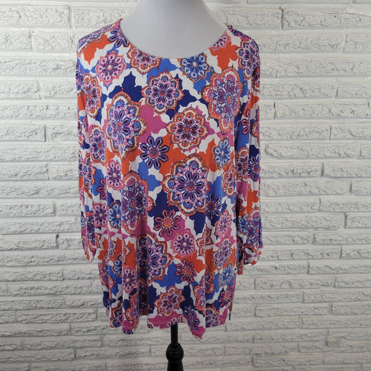 Ruby Rd Womens Top 2X Plus Tunic 3/4 Sleeve Pink Blue Geometric Rayon Comfy