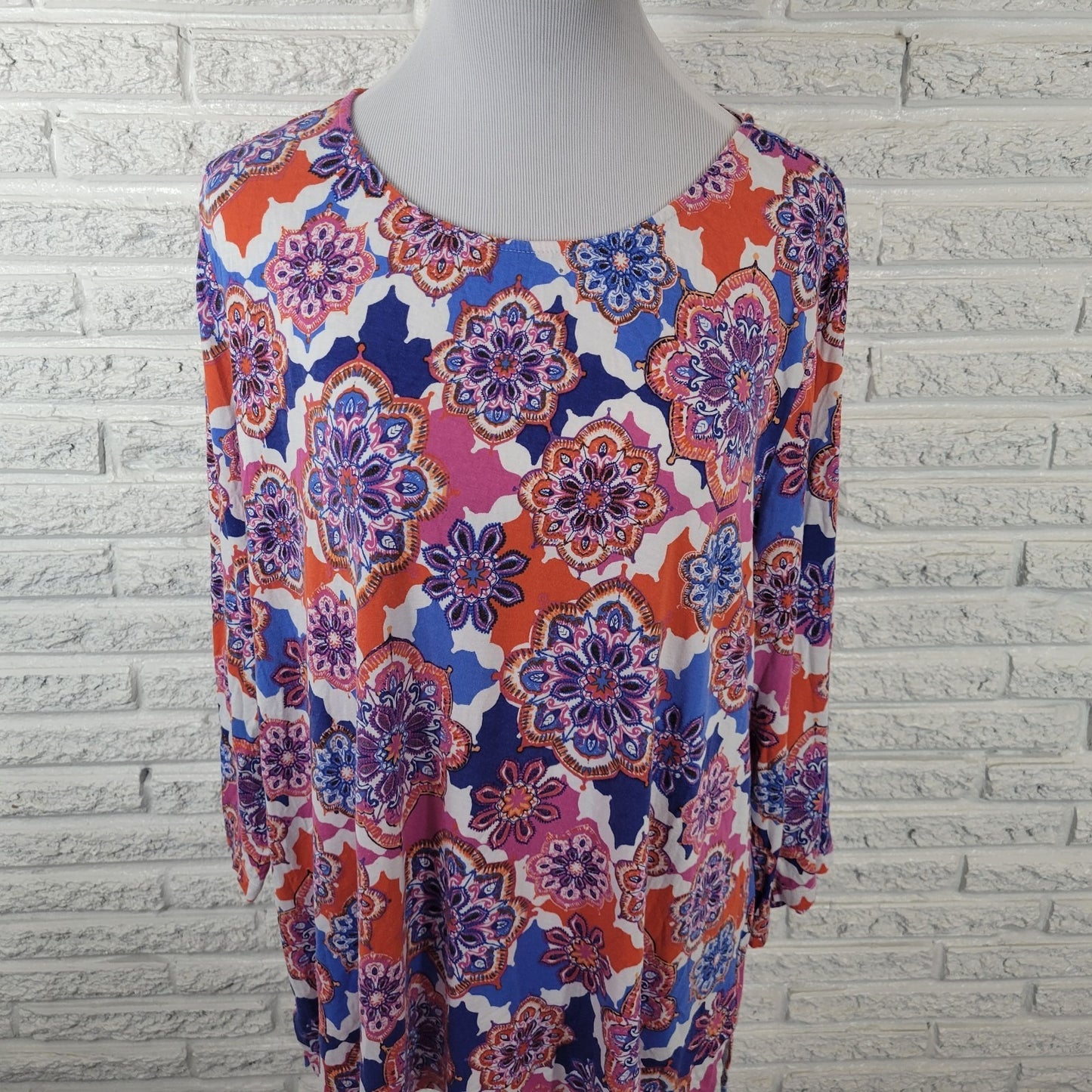 Ruby Rd Womens Top 2X Plus Tunic 3/4 Sleeve Pink Blue Geometric Rayon Comfy