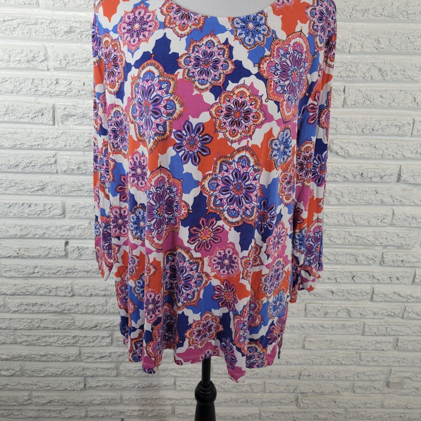 Ruby Rd Womens Top 2X Plus Tunic 3/4 Sleeve Pink Blue Geometric Rayon Comfy