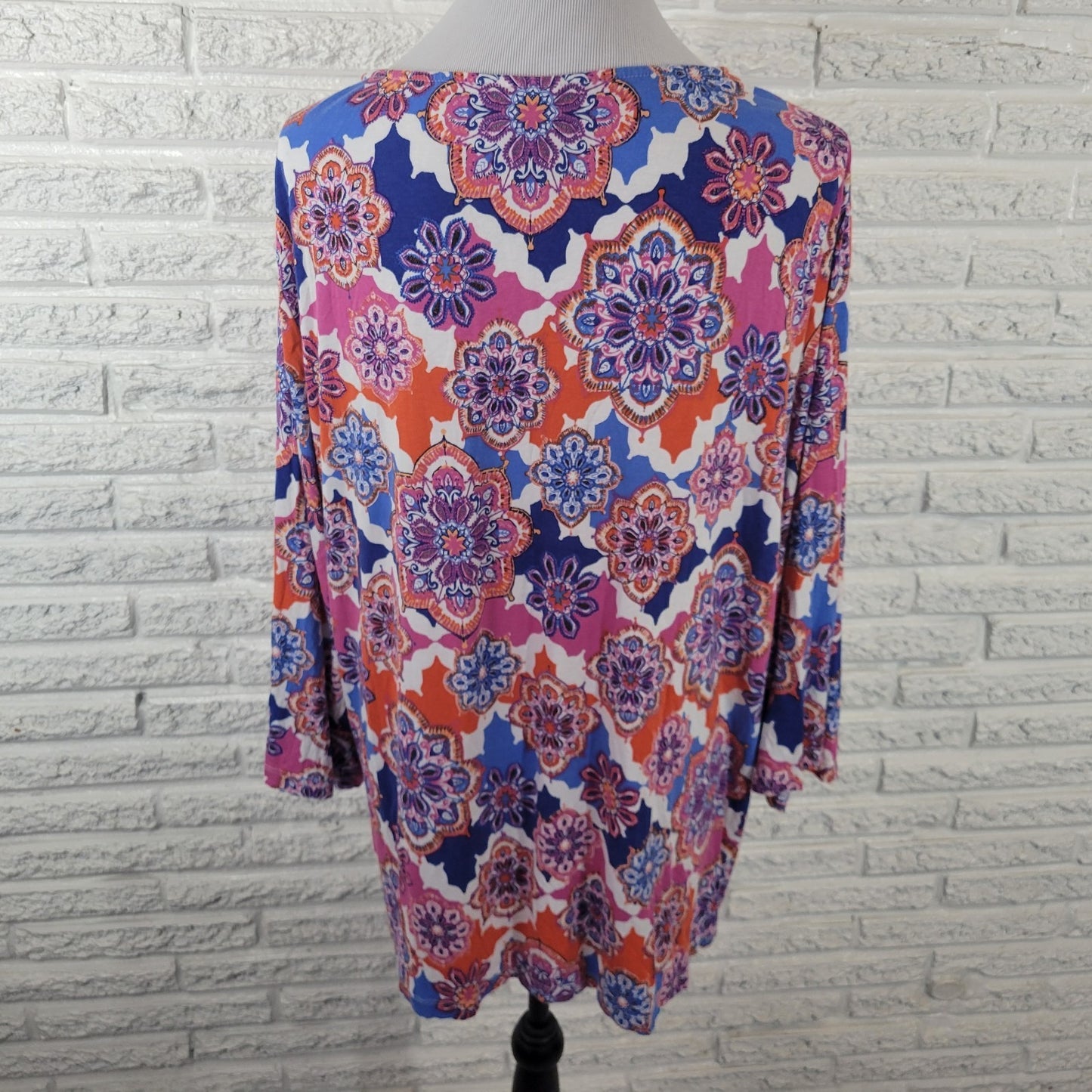 Ruby Rd Womens Top 2X Plus Tunic 3/4 Sleeve Pink Blue Geometric Rayon Comfy