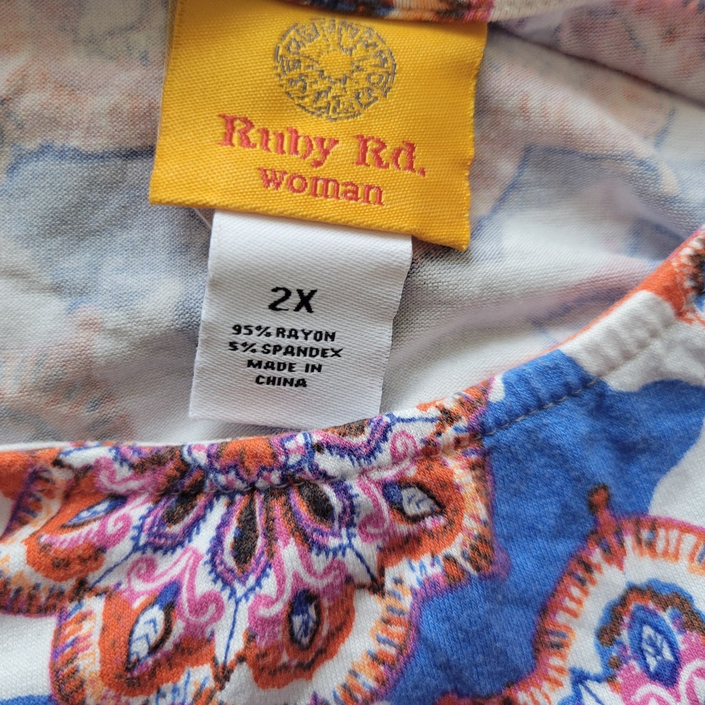 Ruby Rd Womens Top 2X Plus Tunic 3/4 Sleeve Pink Blue Geometric Rayon Comfy