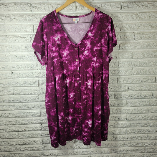Lularoe Women Dress 2XL Plus Mini Short Sleeve Purple Tie Dye Pockets Poly Blend