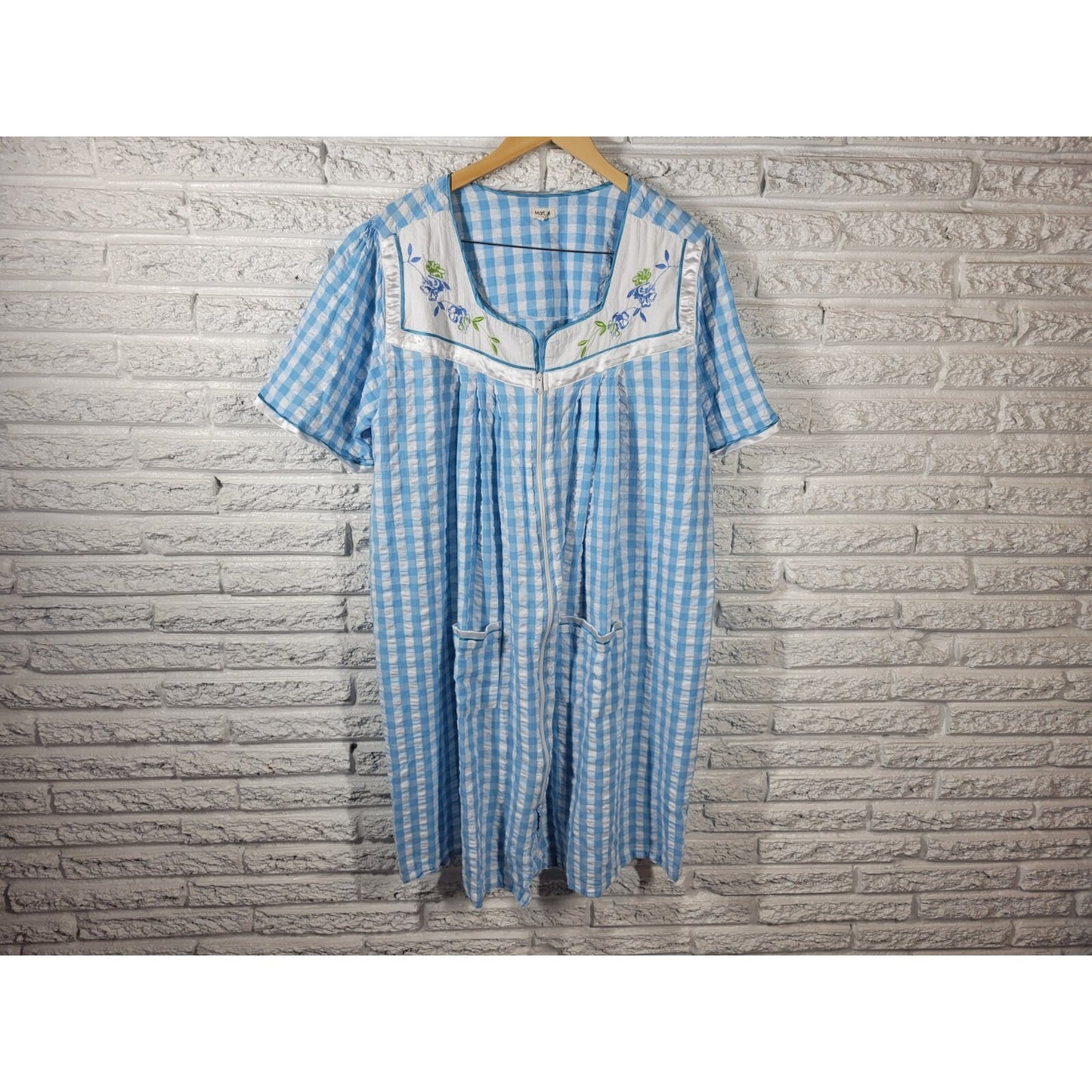 Marisol Womens Robe 1X Plus House Dress Embroidered Sleeve Blue Plaid Pockets