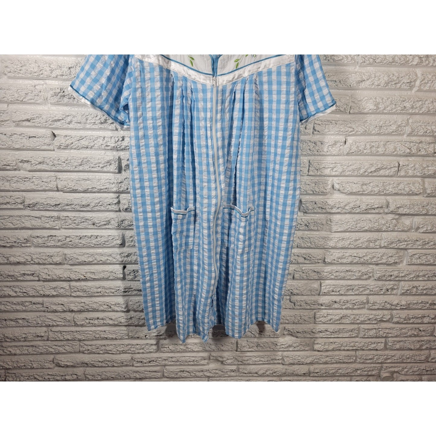 Marisol Womens Robe 1X Plus House Dress Embroidered Sleeve Blue Plaid Pockets