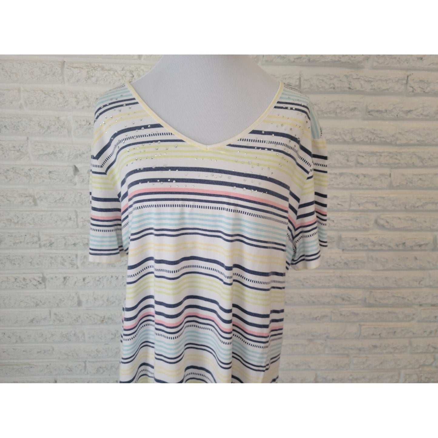 Coral Bay Womens Top 1X Plus Tee Lightweight Blue Stripe Rhinestone Casual Comfy