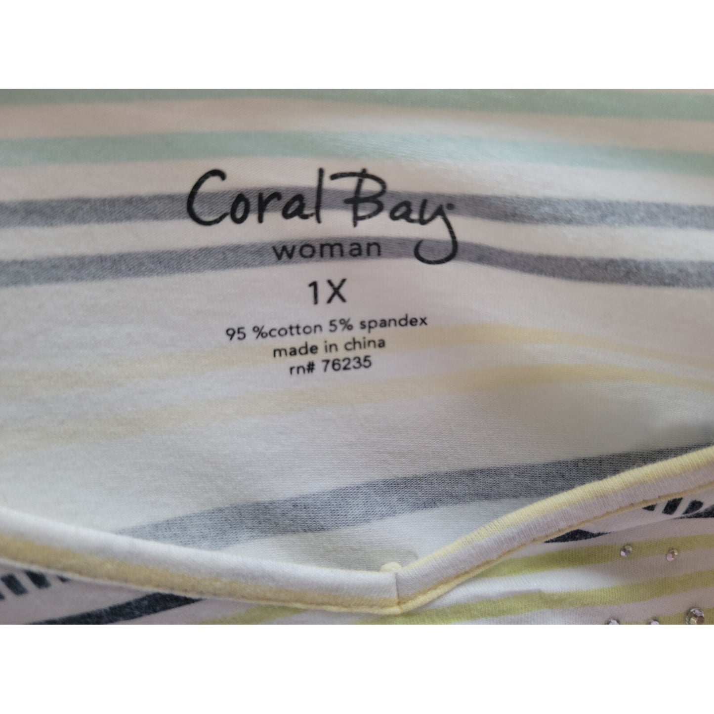 Coral Bay Womens Top 1X Plus Tee Lightweight Blue Stripe Rhinestone Casual Comfy