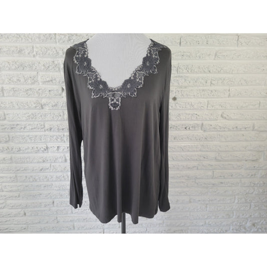 Adonna Womens Top 2X Plus Tunic Long Sleeve Black Knit Lace VNeck Neckline