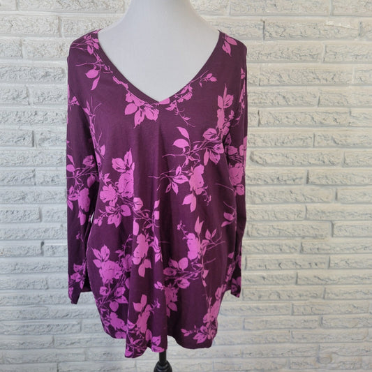 Roamans Womens Top Large 18 20 Plus Tee Long Sleeve Purple Floral Cotton Comfy