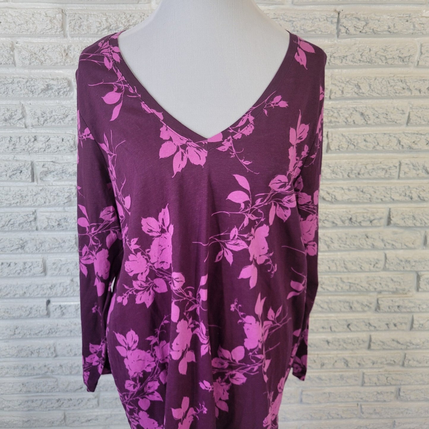 Roamans Womens Top Large 18 20 Plus Tee Long Sleeve Purple Floral Cotton Comfy