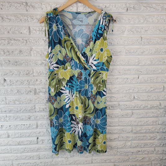 Croft Barrow Womens Dress PXL Mini Sheath Sleeveless Blue Green Floral Ties