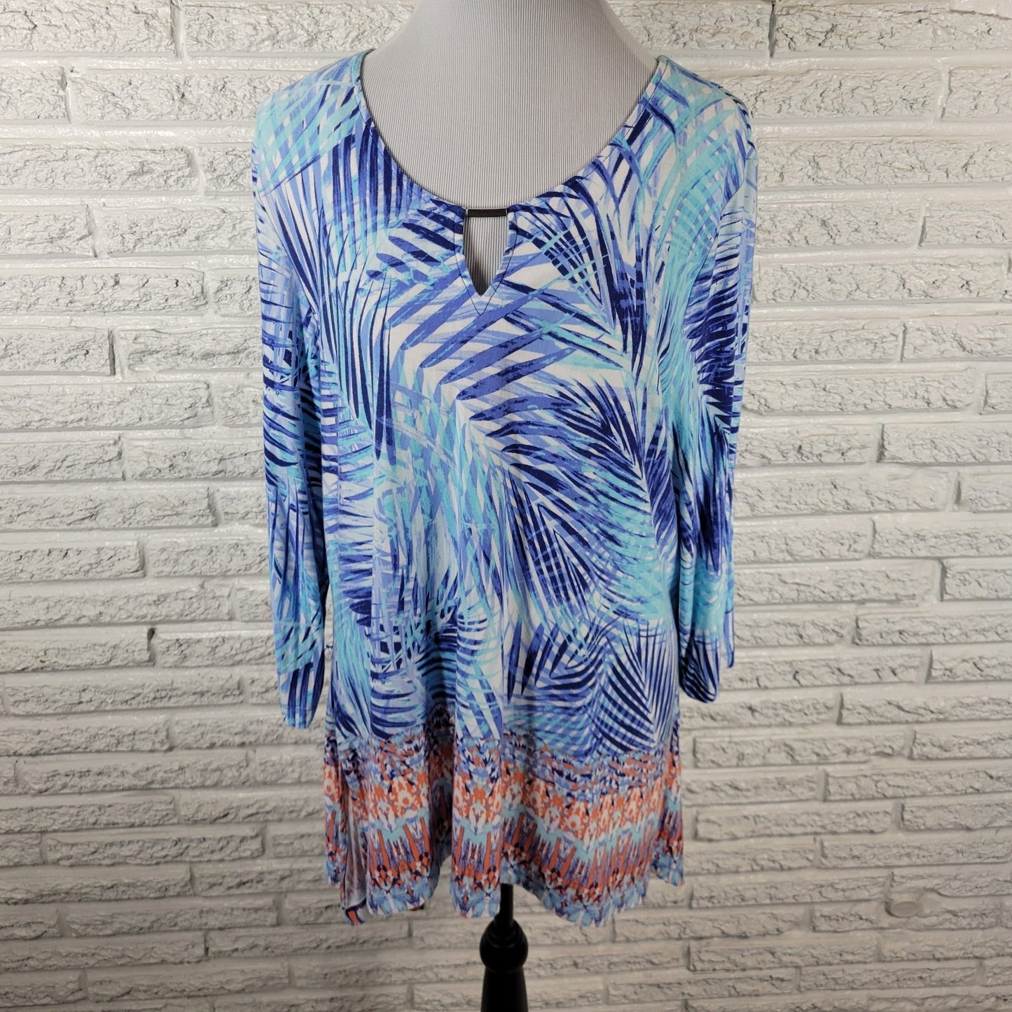 Ruby Rd PXL Tunic Blouse Blue Floral Print Keyhole Neck Asymmetric Hem FLO322XE