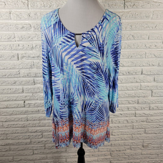 Ruby Rd PXL Tunic Blouse Blue Floral Print Keyhole Neck Asymmetric Hem FLO322XE