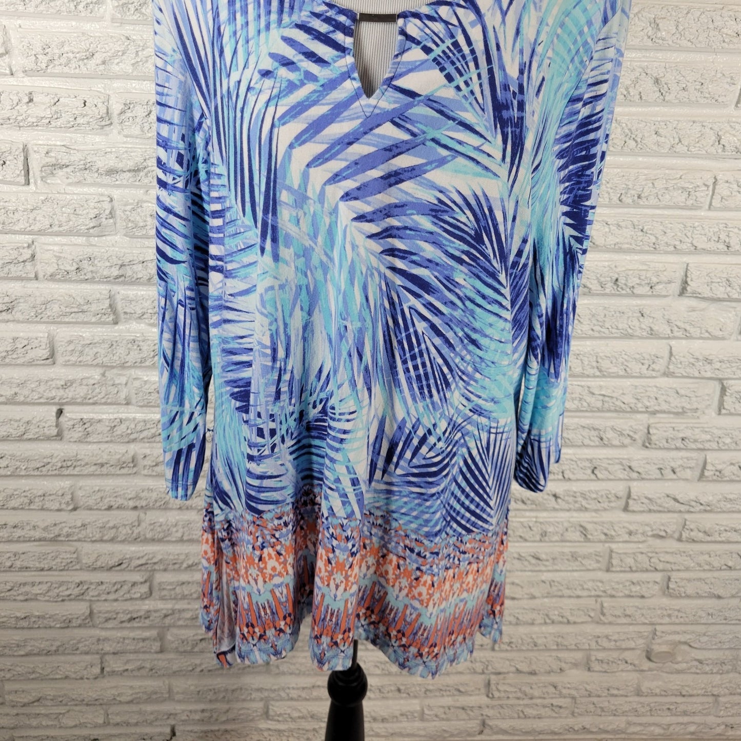 Ruby Rd PXL Tunic Blouse Blue Floral Print Keyhole Neck Asymmetric Hem FLO322XE