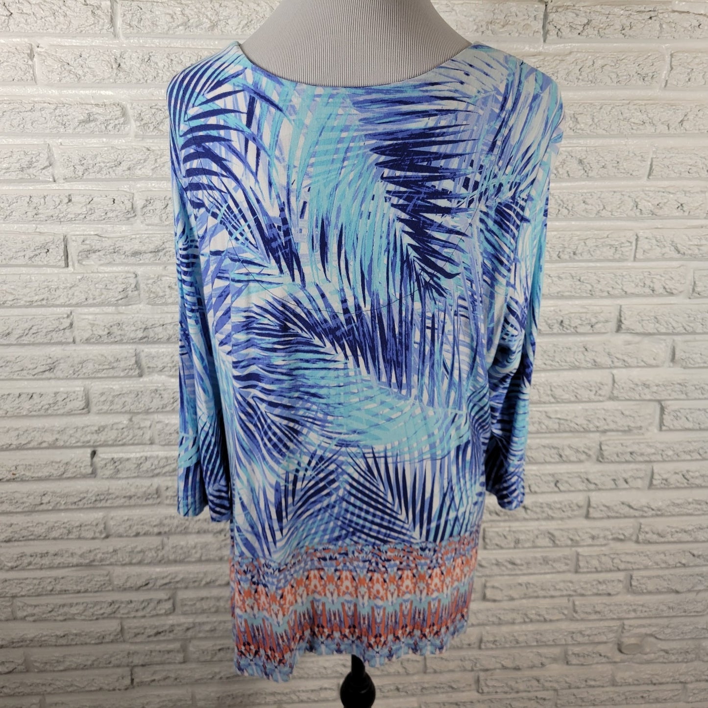 Ruby Rd PXL Tunic Blouse Blue Floral Print Keyhole Neck Asymmetric Hem FLO322XE