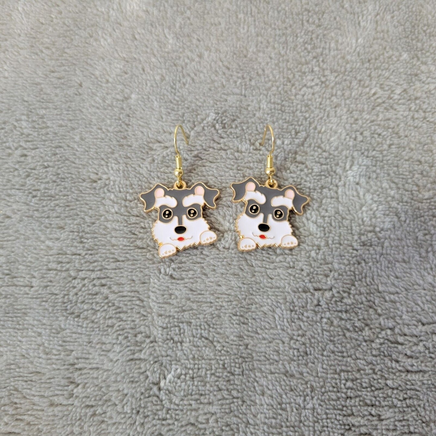 Schnauzer Dog Puppy Earrings One Pair Gold Tone Hanging Dangle Fish Hook Novelty