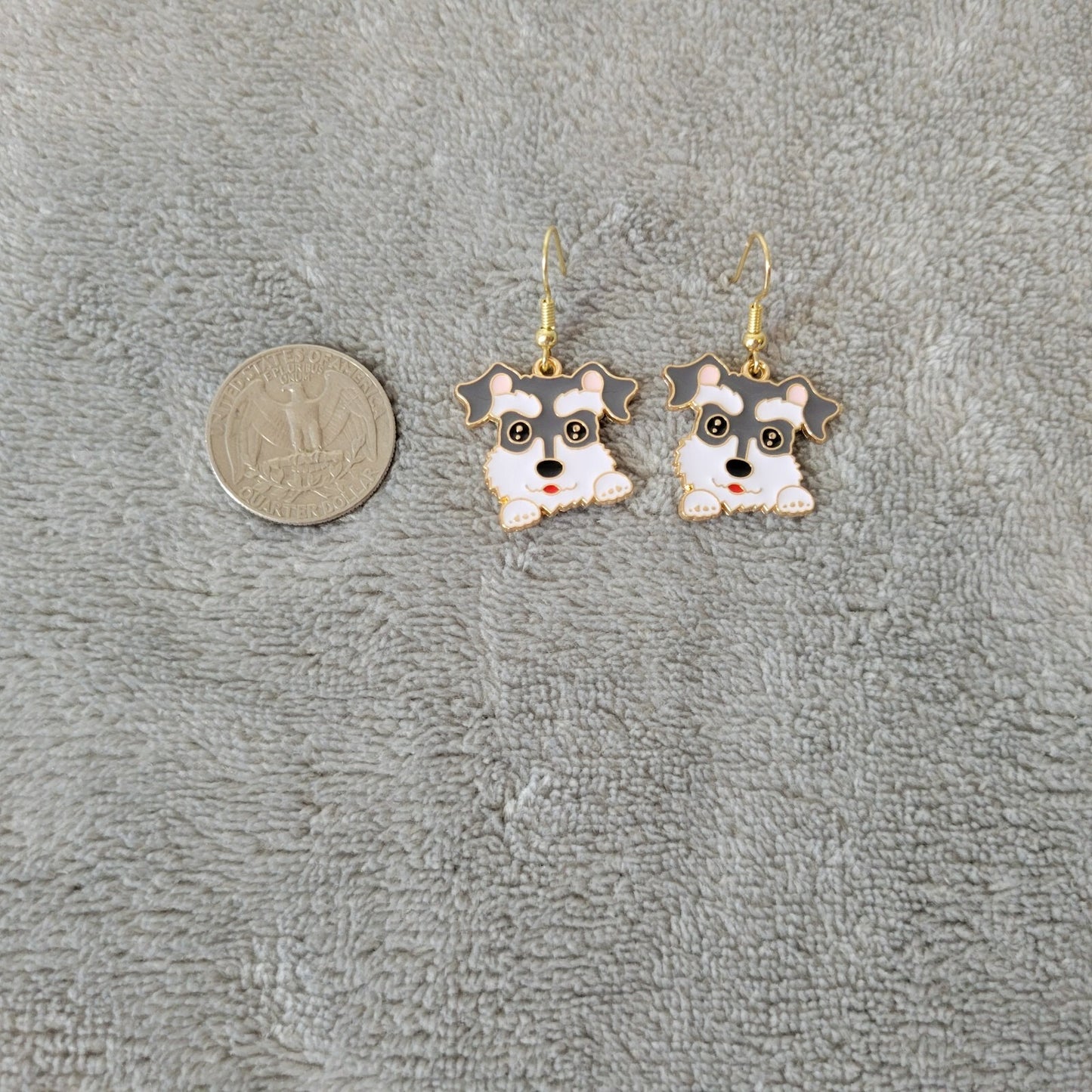 Schnauzer Dog Puppy Earrings One Pair Gold Tone Hanging Dangle Fish Hook Novelty