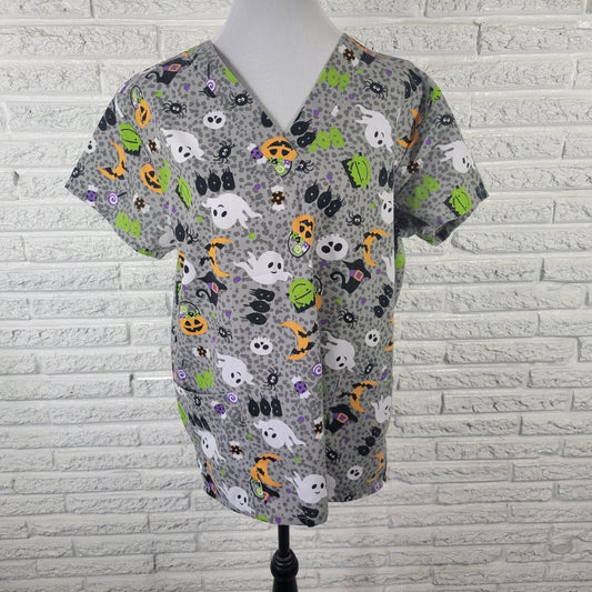 Halloween Cassandra O Unisex Scrub Top XL Gray Lightweight Ghost Frankenstein