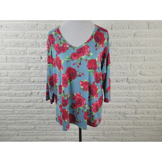 Pioneer Woman Womens Top Extra Large 3/4 Sleeve Blue Red Roses VNeck Casual