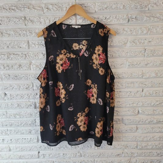 Maurices Womens Top 0 0X Sleeveless Flowy Black Gold Floral Sheer Lightweight