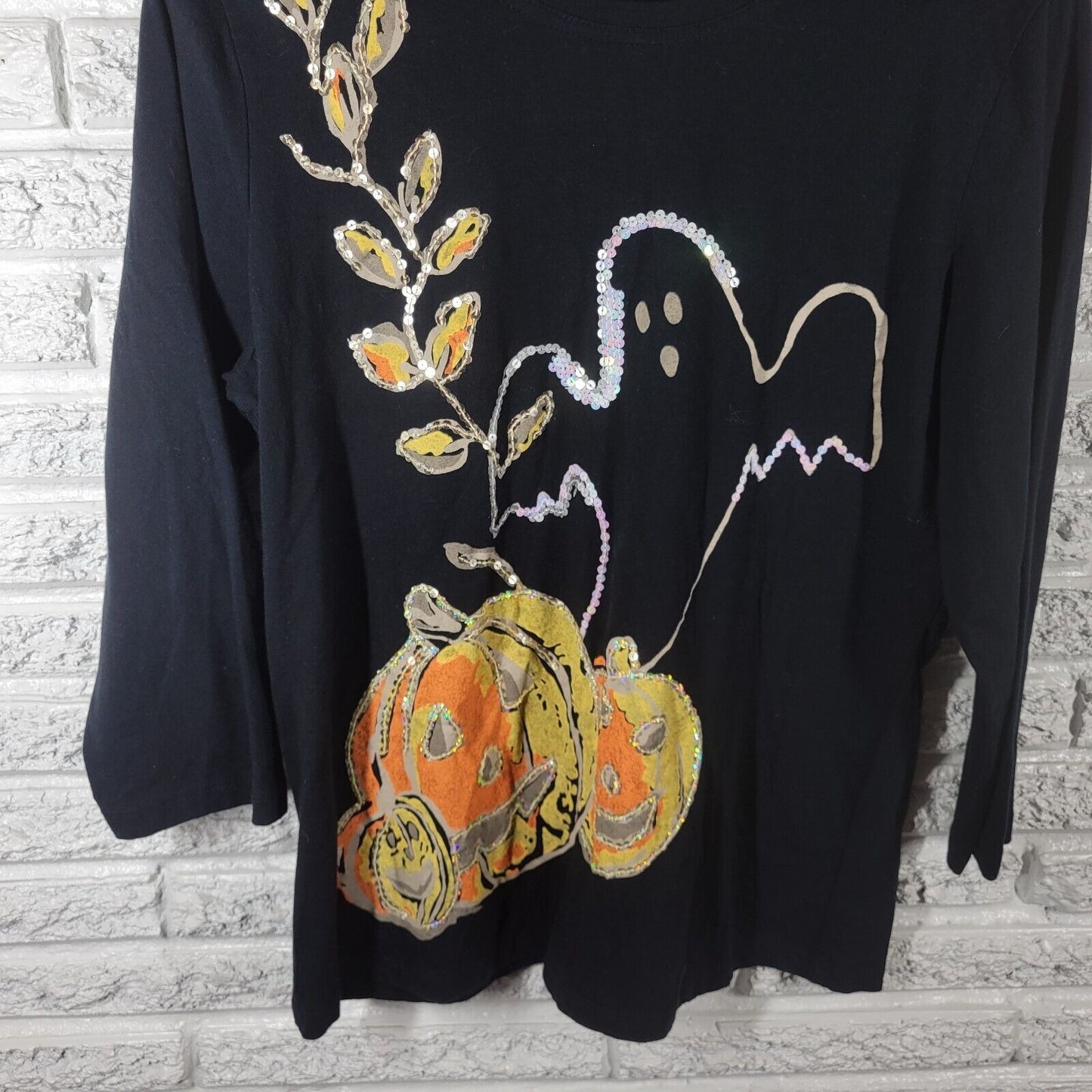 Halloween Tantrums Women Top XL Tee 3/4 Sleeve Black Jackolantern Cotton Sequins