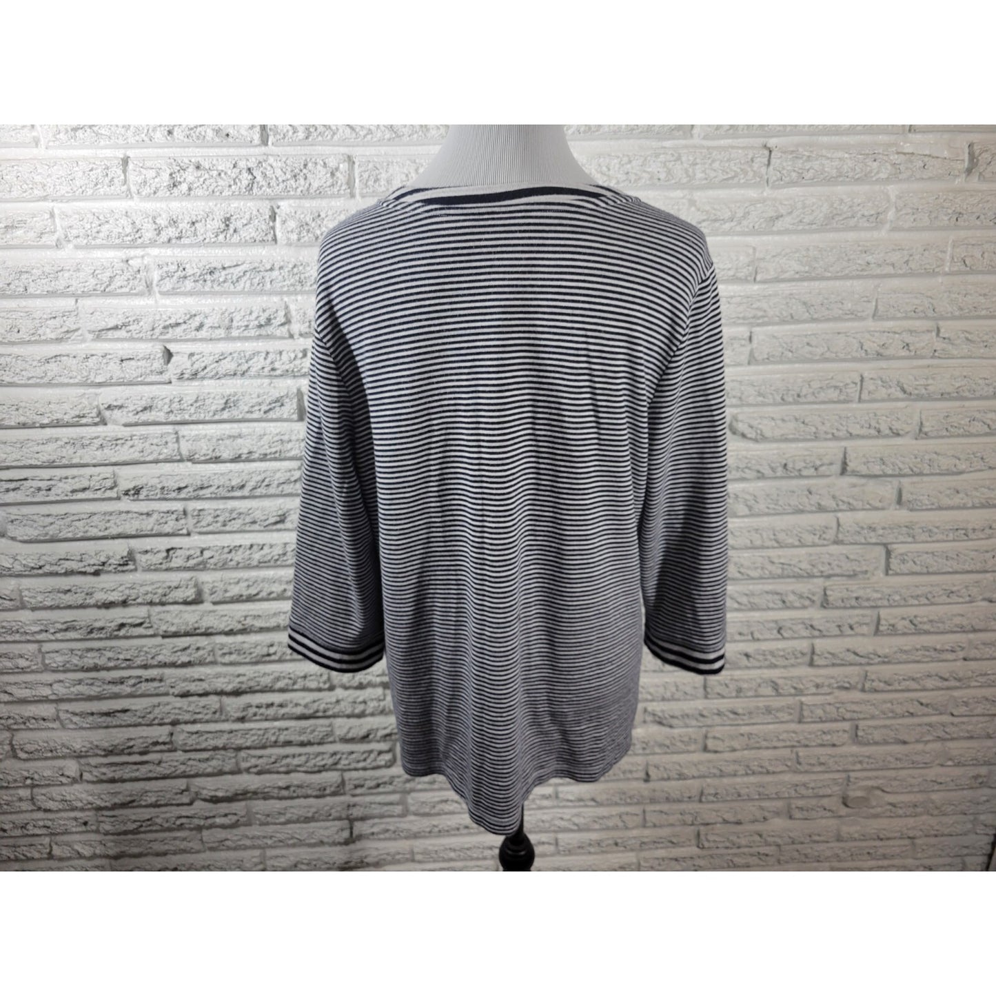 Chicos Weekends Womens Top XL Plus Knit 3/4 Sleeve Pockets Casual Black Stripe