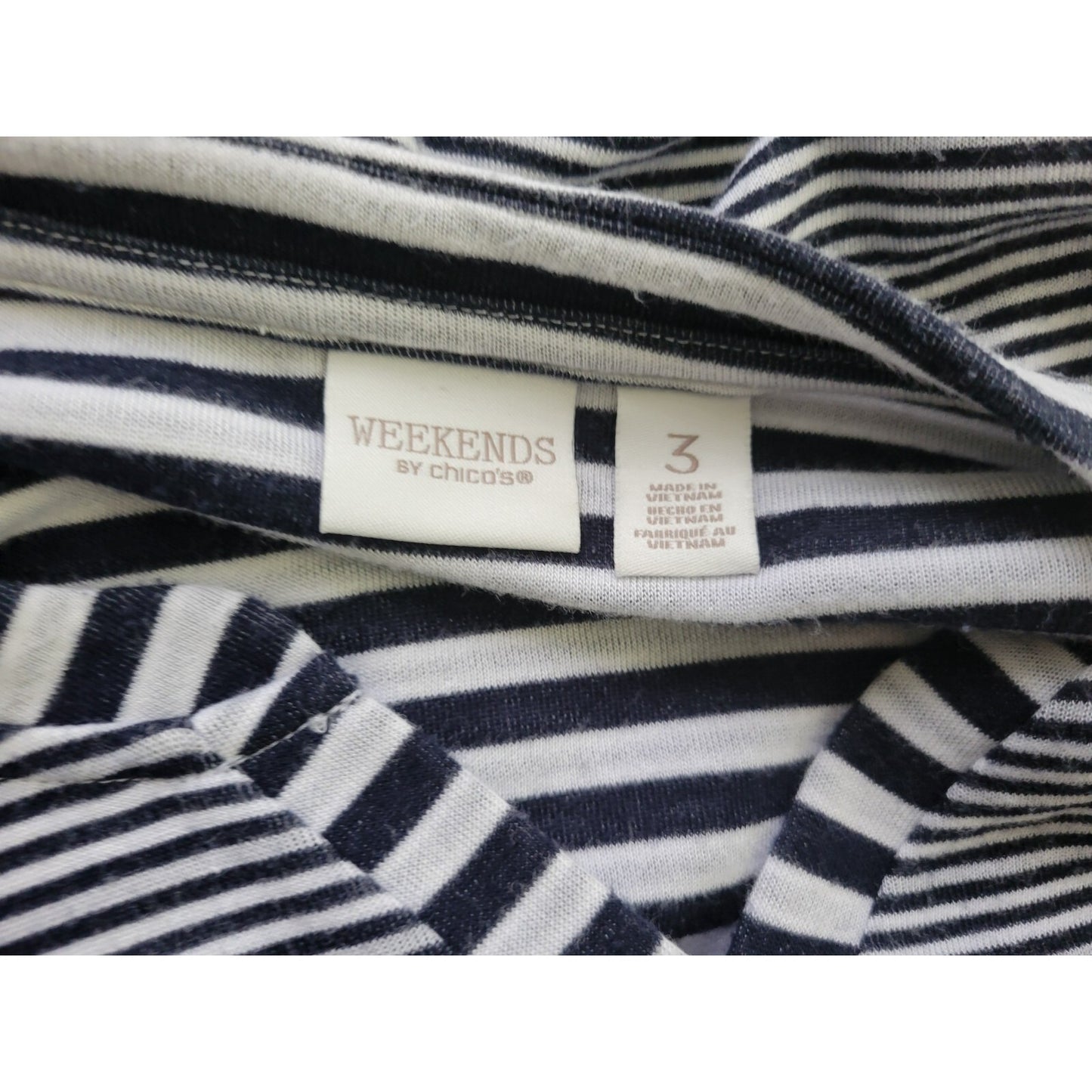 Chicos Weekends Womens Top XL Plus Knit 3/4 Sleeve Pockets Casual Black Stripe