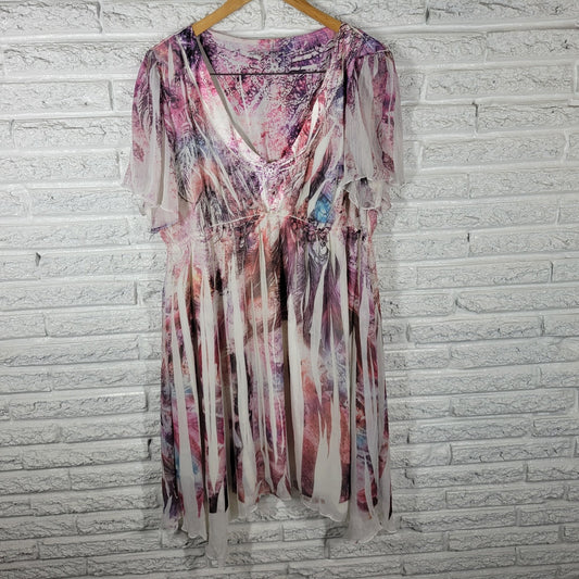 Maurices Women Dress 2 2X Plus Fit Flare Flowy Purple Brown Watercolor Laser Cut