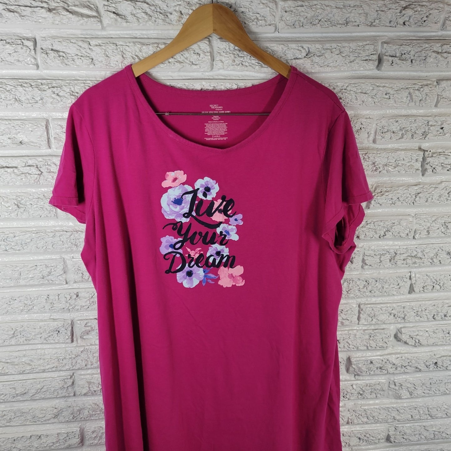 Secret Treasures 2X 3X Pajama Top Pink Floral Crew Neck Live Your Dream PIN3E