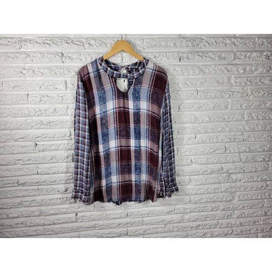 Maurices Womens Top XXL Plus Tunic Long Sleeve Keyhole Neck Rayon Purple Plaid