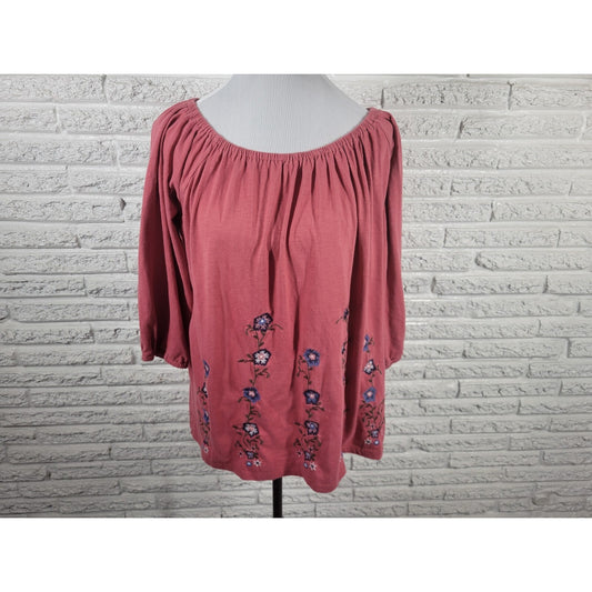 Architect Womens Top 2X Plus 3/4 On Off Shoulder Muted Red Floral Embroidery