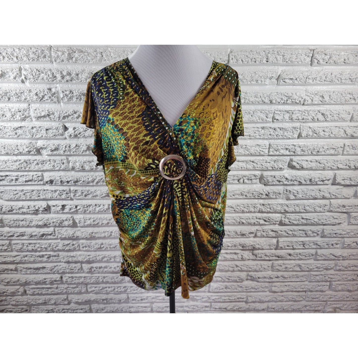 Cato Womens Top 18W 20W Plus Flutter Sleeve Buckle Brown Watercolor Casual