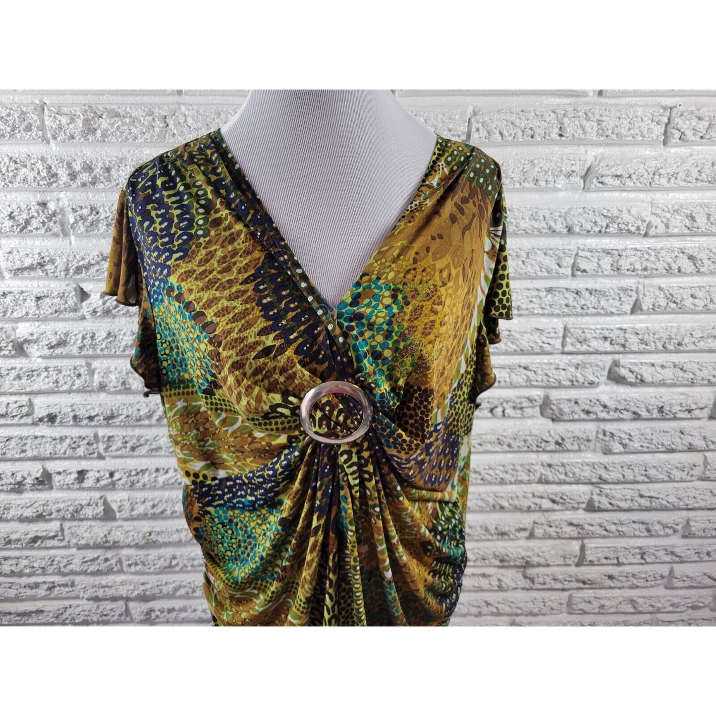 Cato Womens Top 18W 20W Plus Flutter Sleeve Buckle Brown Watercolor Casual