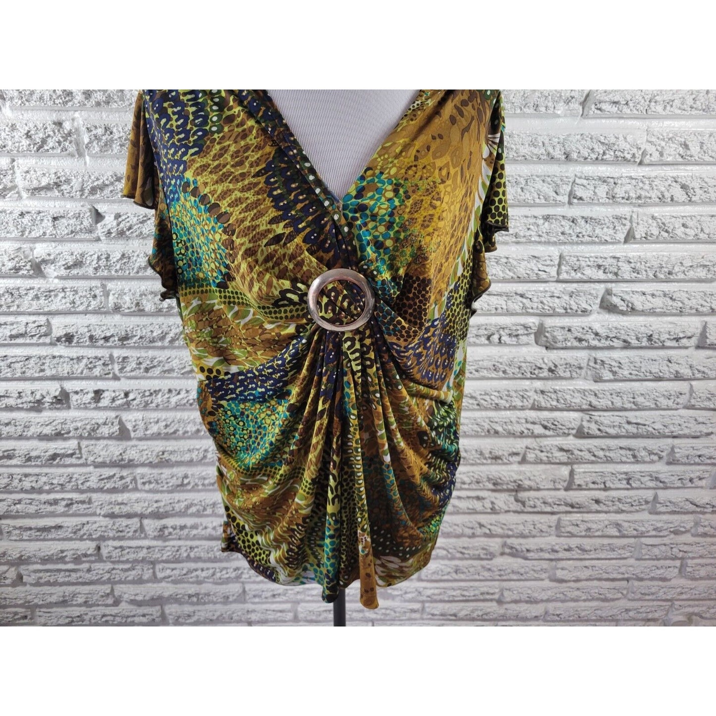 Cato Womens Top 18W 20W Plus Flutter Sleeve Buckle Brown Watercolor Casual