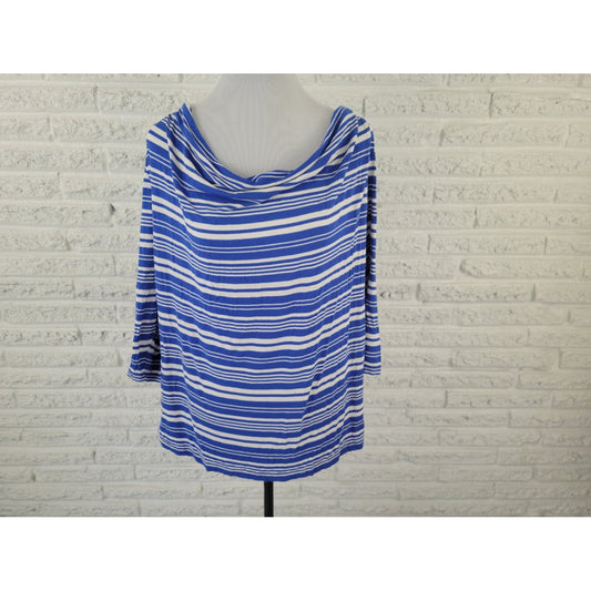Lane Bryant Womens Top 18 20 Plus Pullover 3/4 Sleeve Draped Blue Stripe Cowl