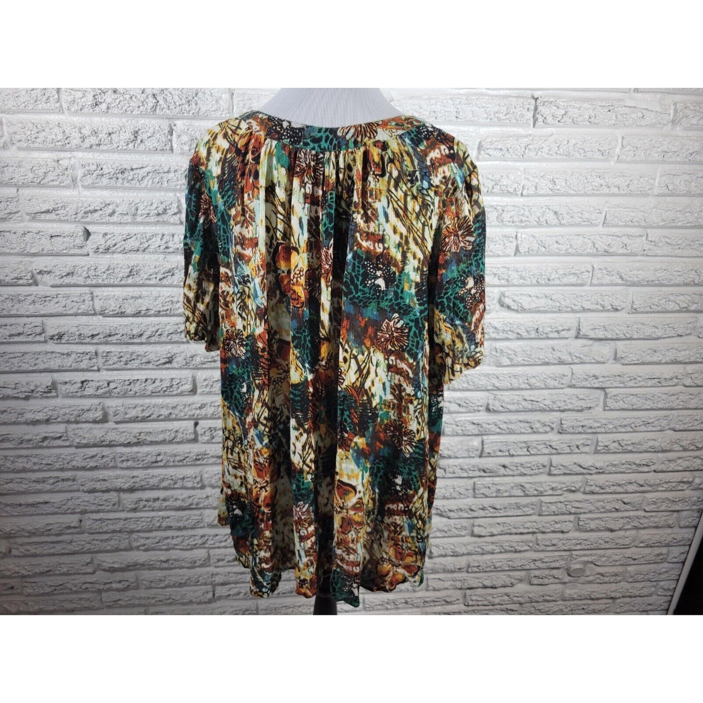 Roamans Womens Top 20W Short Sleeve Brown Floral Sheer Button Up Career Casual