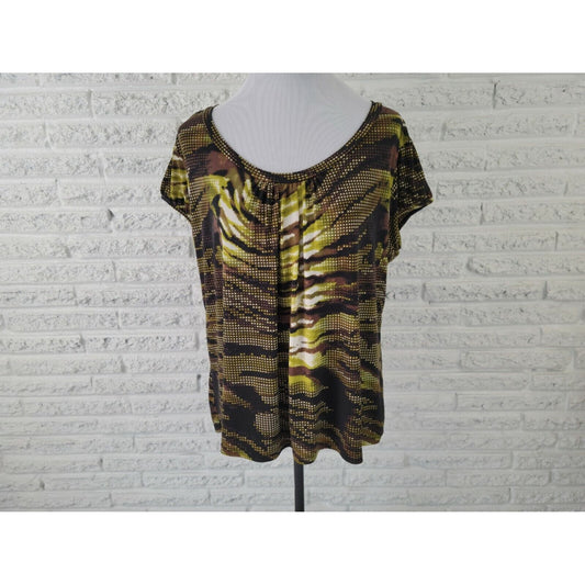 Worthington Women Top 1X Plus Cap Short Sleeve Pullover Brown Geometric Office