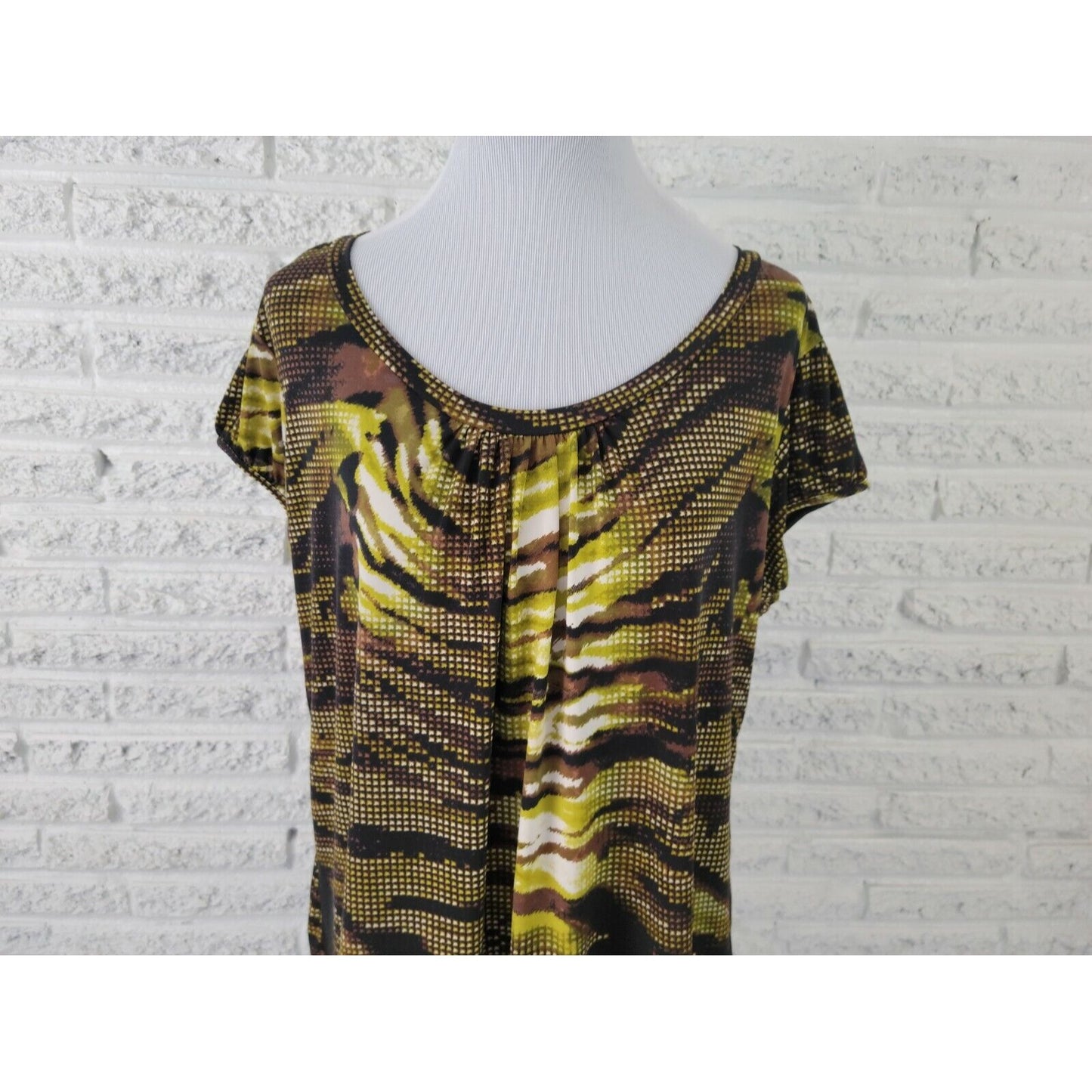 Worthington Women Top 1X Plus Cap Short Sleeve Pullover Brown Geometric Office