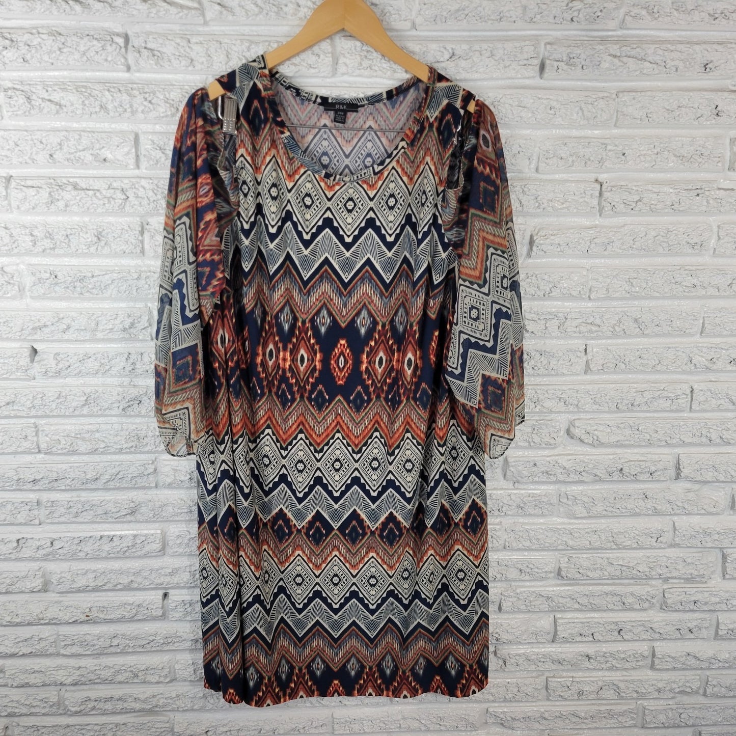 R&K Womens Dress 24W Plus 3/4 Sheer Chiffon Sleeve Blue Geometric Cold Shoulder