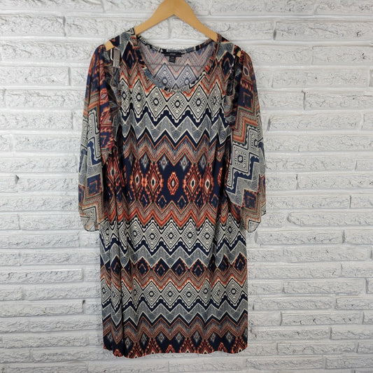 R&K Womens Dress 24W Plus 3/4 Sheer Chiffon Sleeve Blue Geometric Cold Shoulder