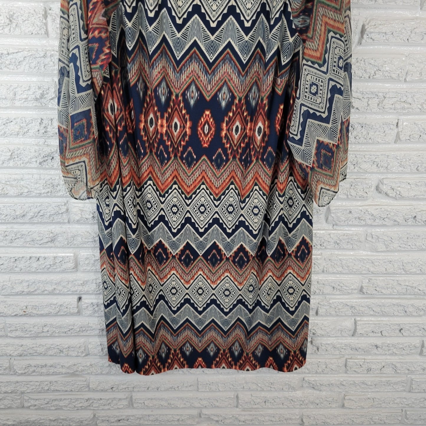 R&K Womens Dress 24W Plus 3/4 Sheer Chiffon Sleeve Blue Geometric Cold Shoulder