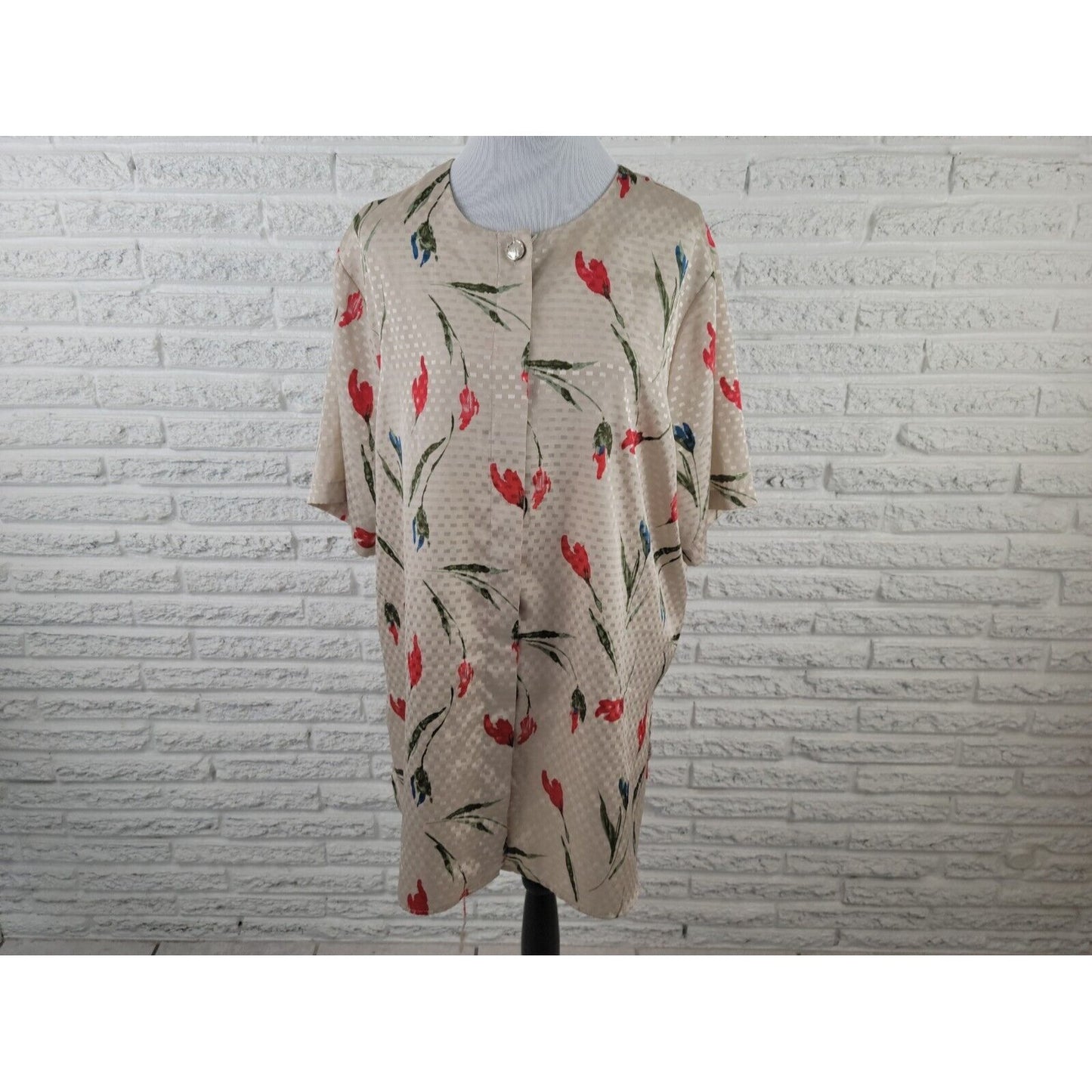 Maggie Barnes Womens Top 22W Button Up Beige Red Floral Career Casual Polyester