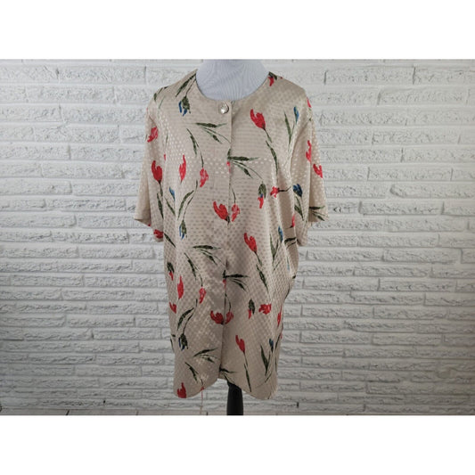Maggie Barnes Womens Top 22W Button Up Beige Red Floral Career Casual Polyester