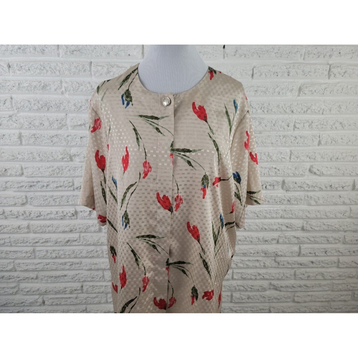 Maggie Barnes Womens Top 22W Button Up Beige Red Floral Career Casual Polyester