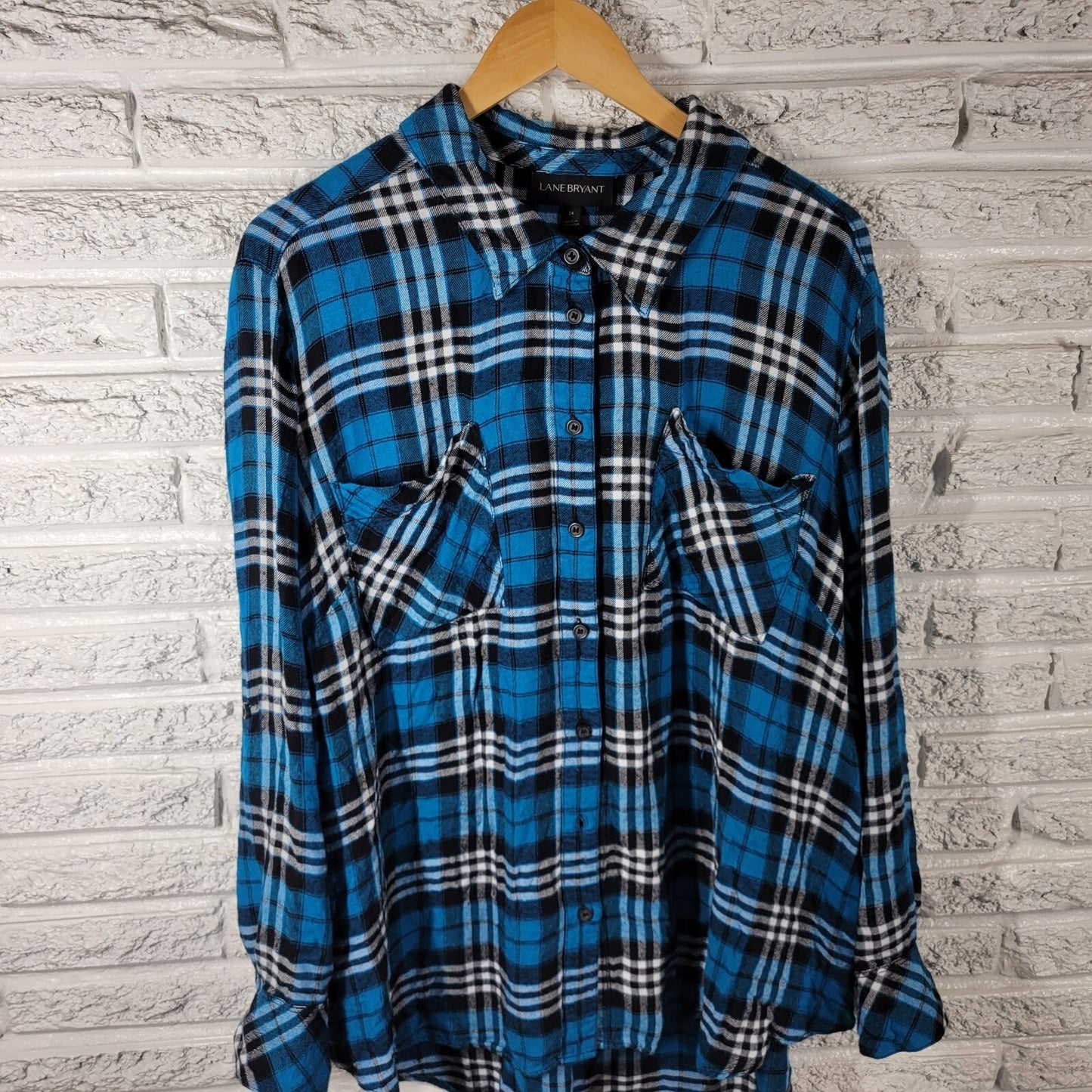 Lane Bryant Womens Top 24 Plus Long Sleeve Blue Plaid Soft Flannel Button Up