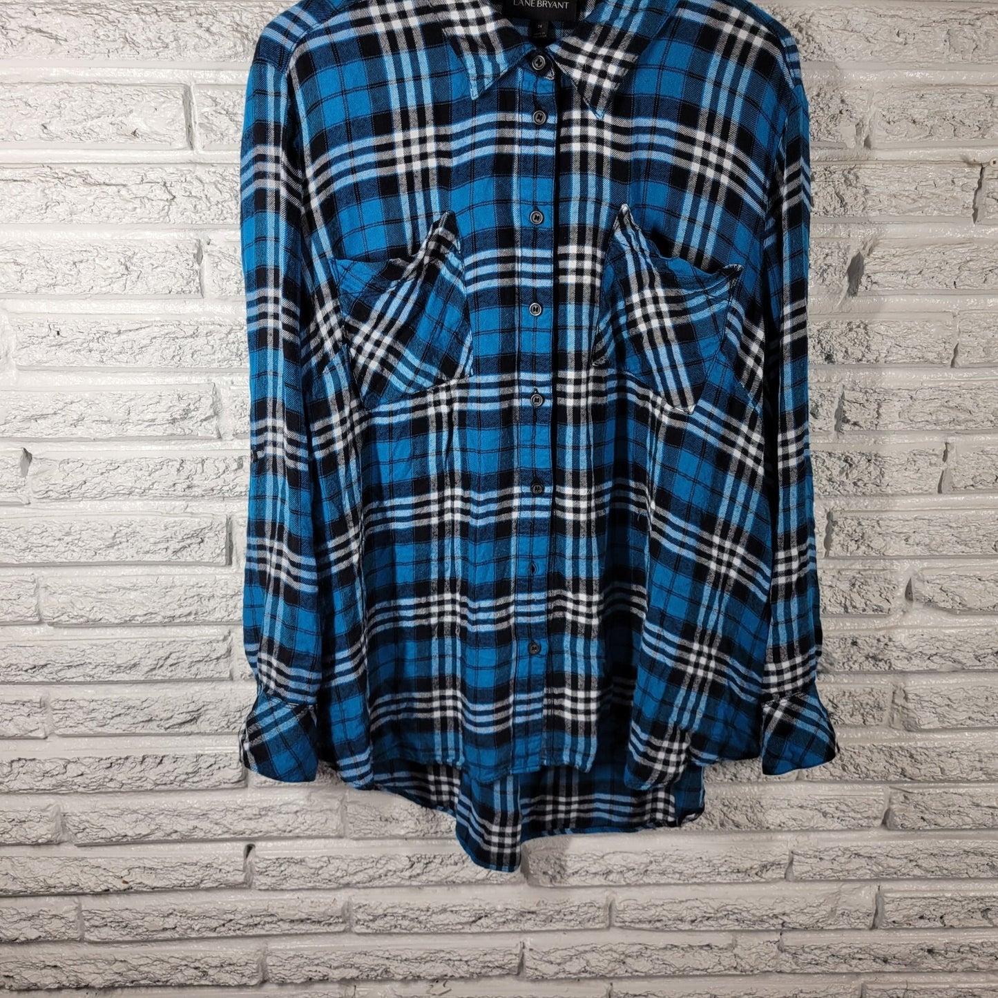 Lane Bryant Womens Top 24 Plus Long Sleeve Blue Plaid Soft Flannel Button Up