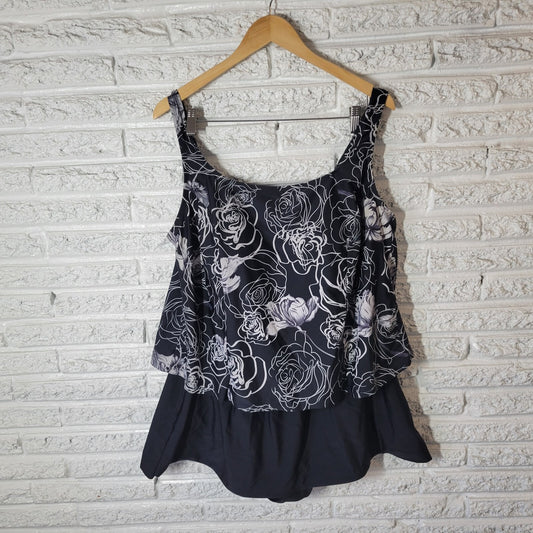 Indigo Bay Womens Swimsuit 24W One Piece Skirted Lined Wide Strap Black Floral