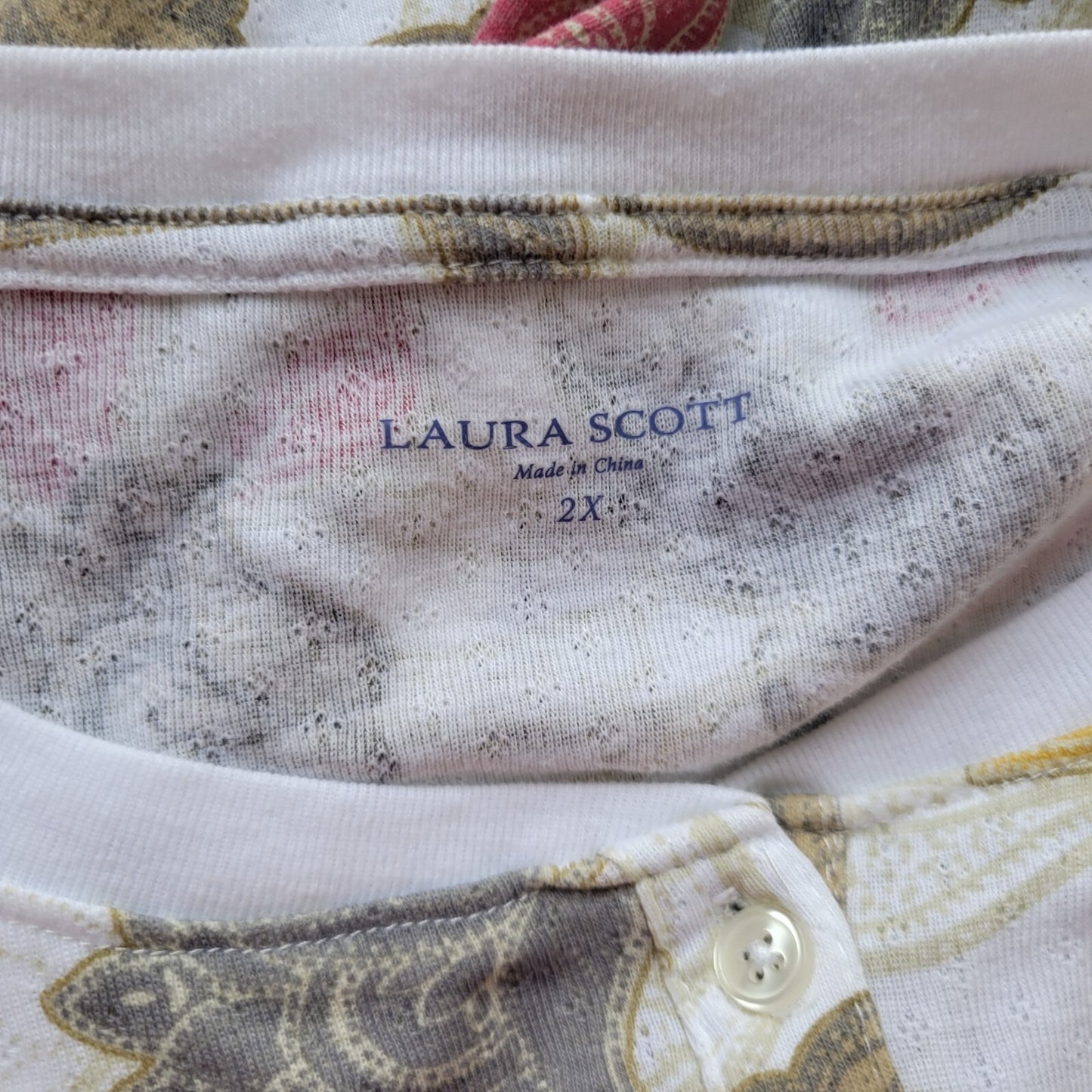 Laura Scott Womens Top 2X Knit 3/4 Sleeve Green Red Floral Cotton Blend Casual