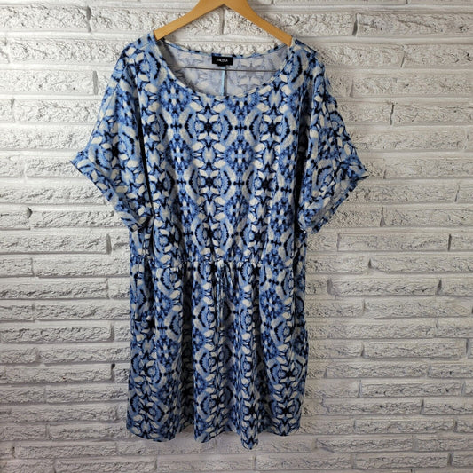 Tacera Women Dress 2X Blue Watercolor Drawstring Pockets Poly Blend Casual Comfy