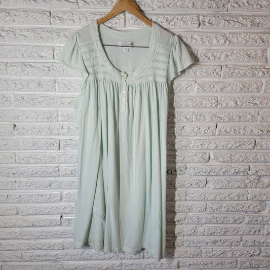 Miss Elaine Women Nightgown 2X Cap Sleeve Mint Green Lace Trim 1/4 Button Lounge